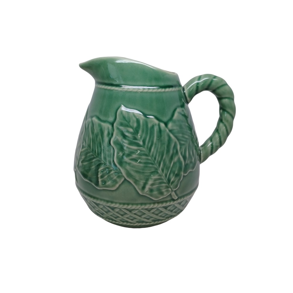 Bordallo Pinheiro Green Majolica Leaf Relief Pitcher Portugal Basketweave 7.5in